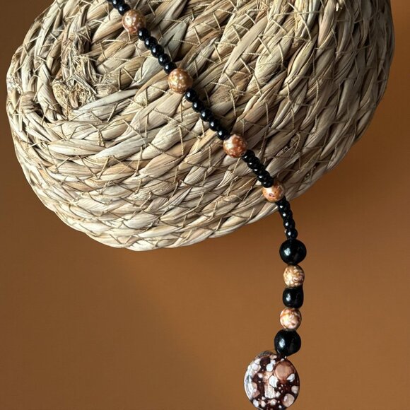Brown and Black Acrylic Bead Necklace & Earring Set – 20" Toggle Necklace with D - Picture 6 of 7